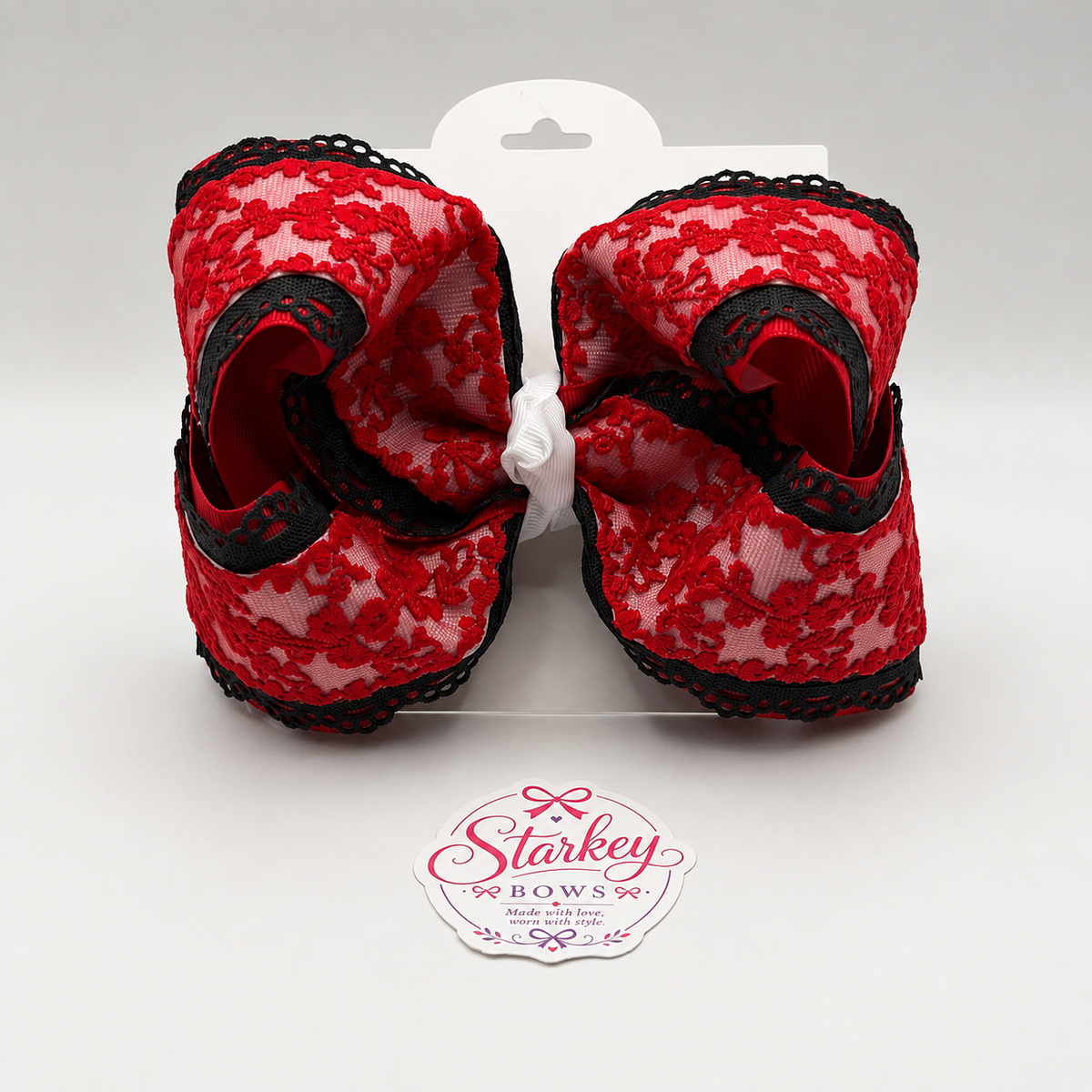 5" Red, White & Black Eyelet Lace Boutique Hair Bow