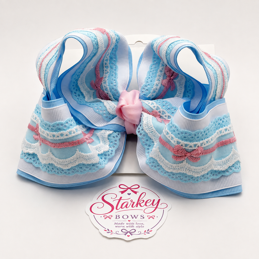 5" Blue, Pink & White Bow Lace Boutique Hair Bow