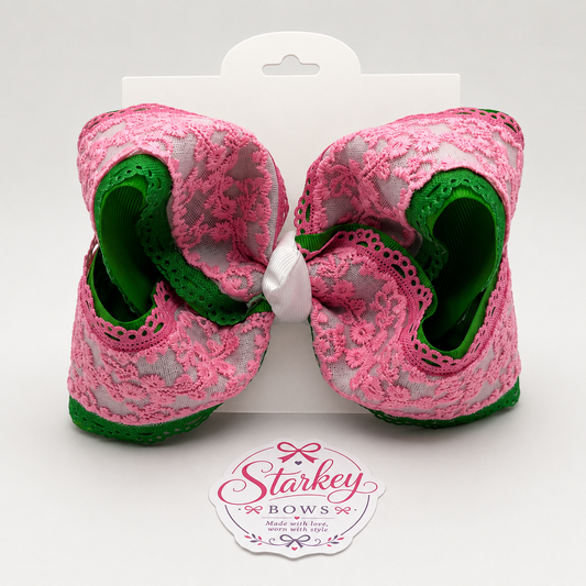 5" Pink & Green Lace Boutique Hair Bow