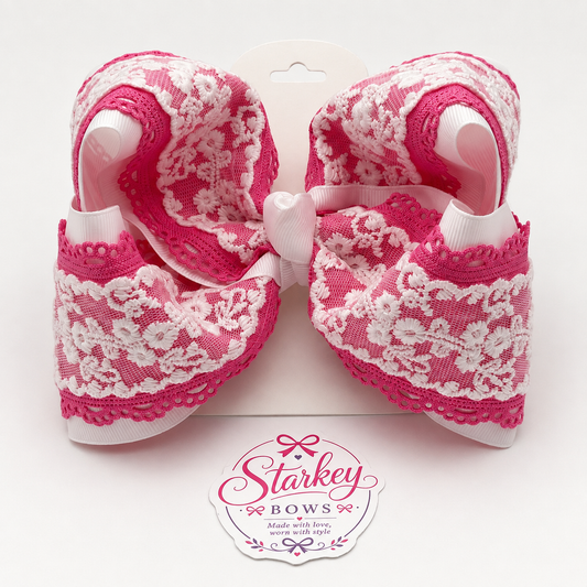 6" Pink & White Bow Lace Boutique Hair Bow