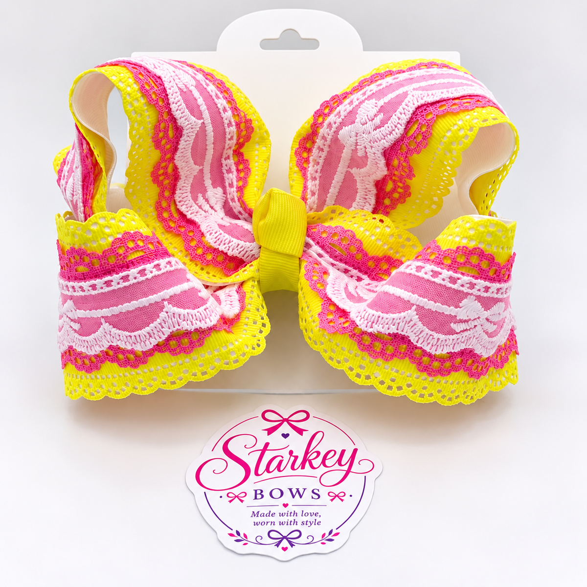 5" Pink & Yellow Bow Lace Boutique Hair Bow