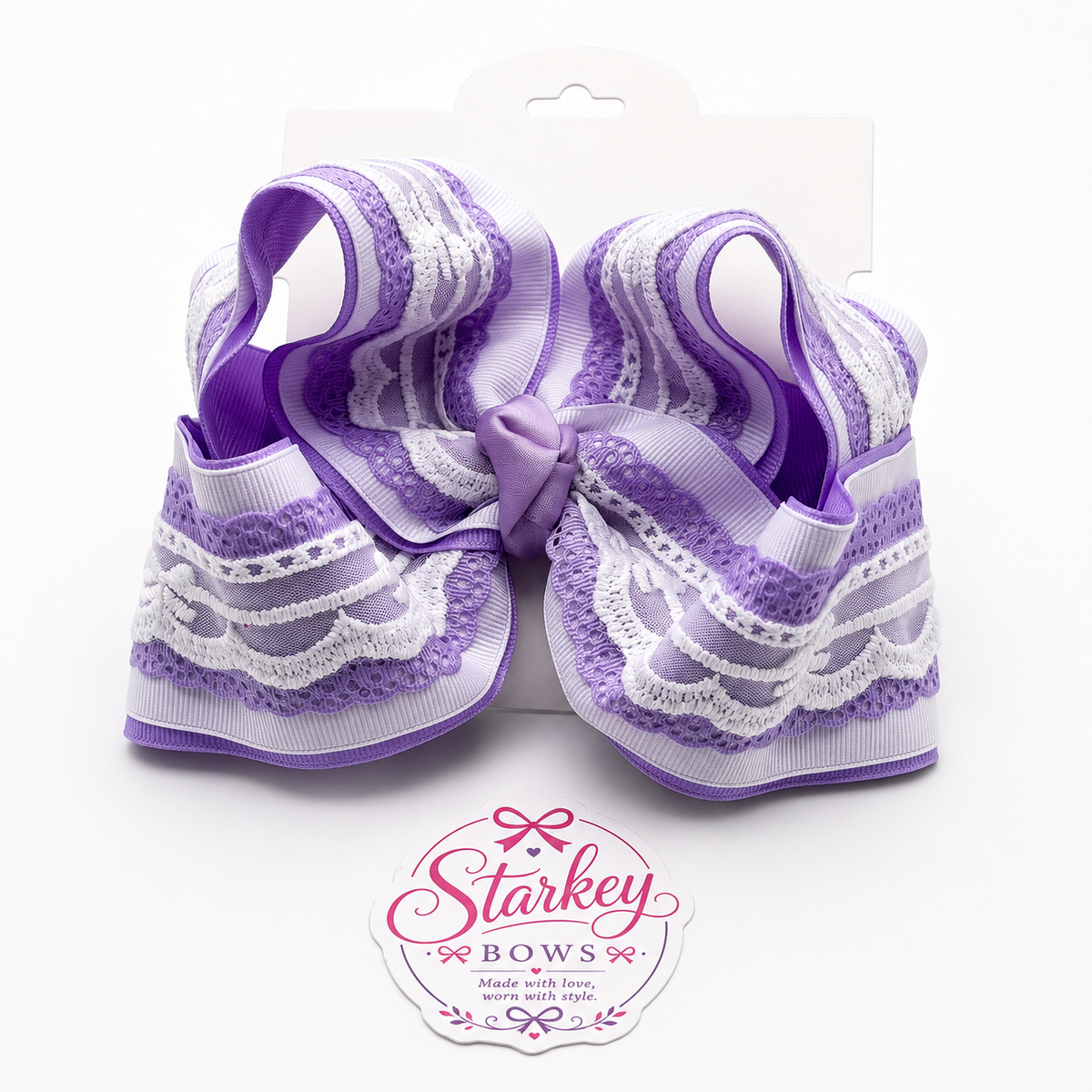 5" Lavender & White Bow Lace Boutique Hair Bow