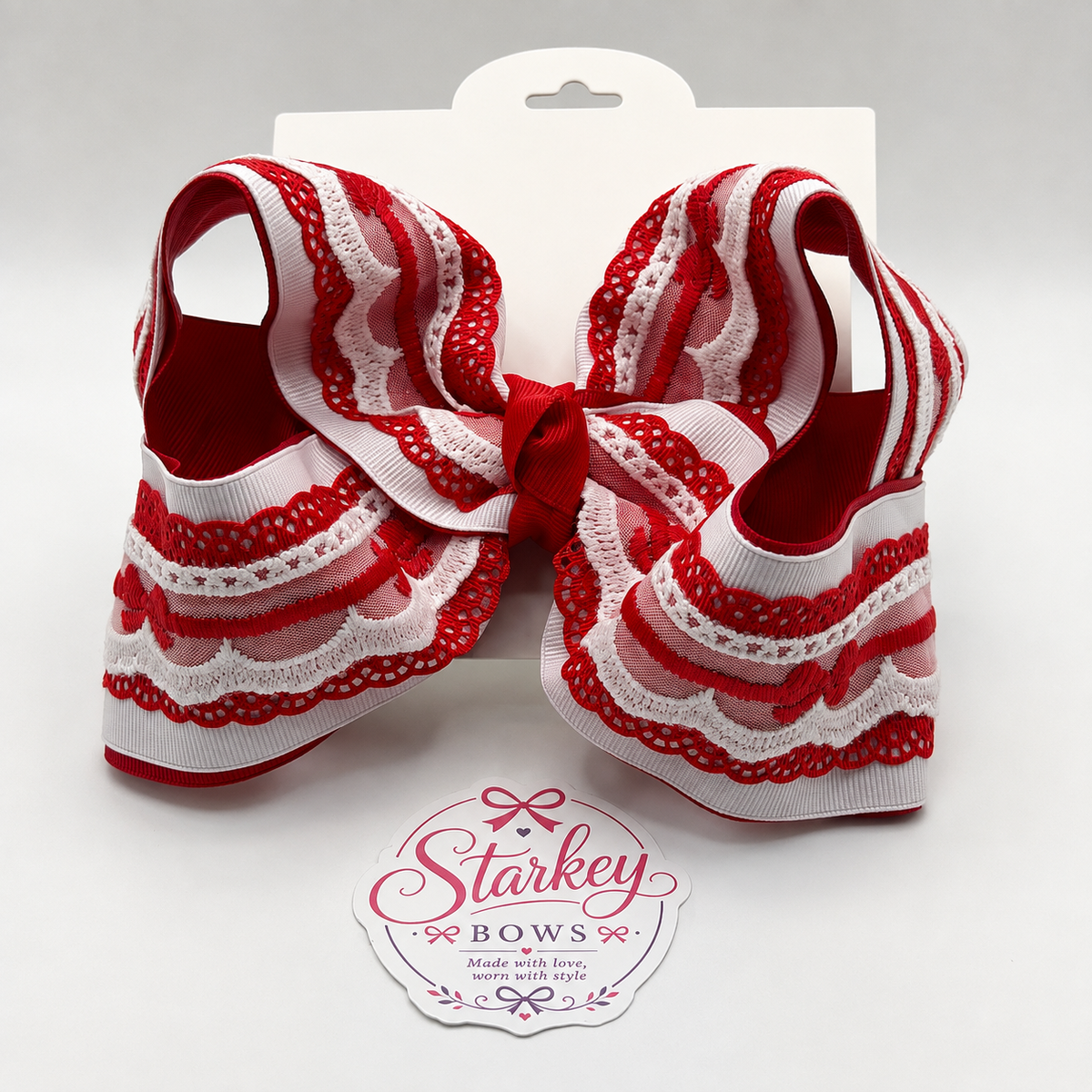 5" Red & White Bow Lace Boutique Hair Bow