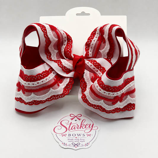 5" Red & White Bow Lace Boutique Hair Bow